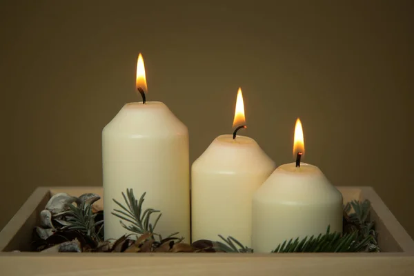 Wooden Box Christmas Centerpiece Simple Small Home Decoration Candles Wooden Royalty Free Stock Images