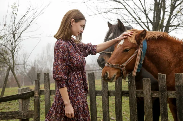 Outdoor Portret Van Vrouw Bruine Jurk Aaien Een Paard Tijdens — Stockfoto