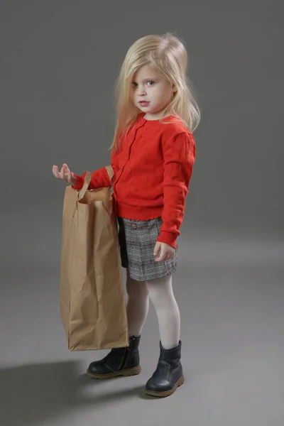 Estudio Retrato Adorable Niña Años Sosteniendo Gran Bolsa Papel Blanco —  Fotos de Stock