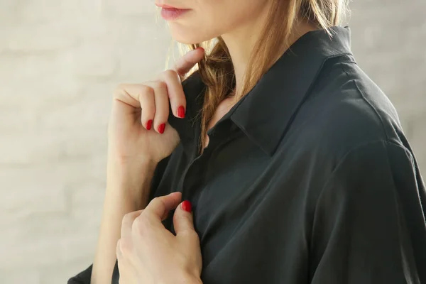 Indoor Fashion Portrait Caucasian Woman Black Shirt Dress — Stock Photo, Image