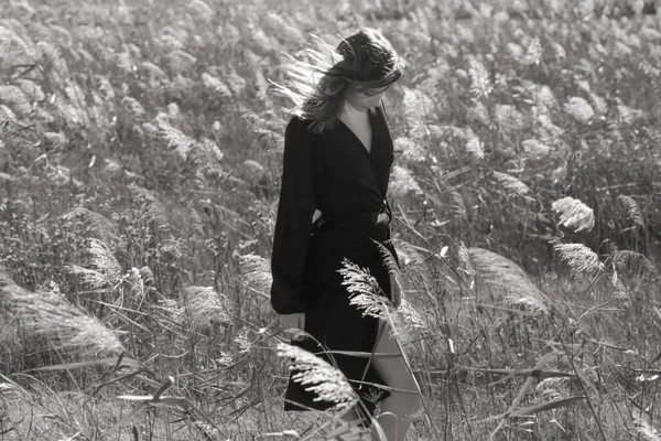 Outdoor Fashion Portrait Caucasian Woman Black Wrapped Long Sleeve Dress — Stock Photo, Image