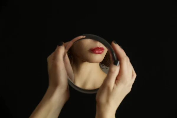 Mirror Reflection Woman Face Studio Shot — Stock Photo, Image