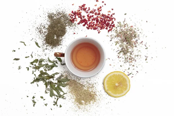 Herbal Tea Top View Dry Herbs Lemon Slices Tea Cups — Stock Photo, Image