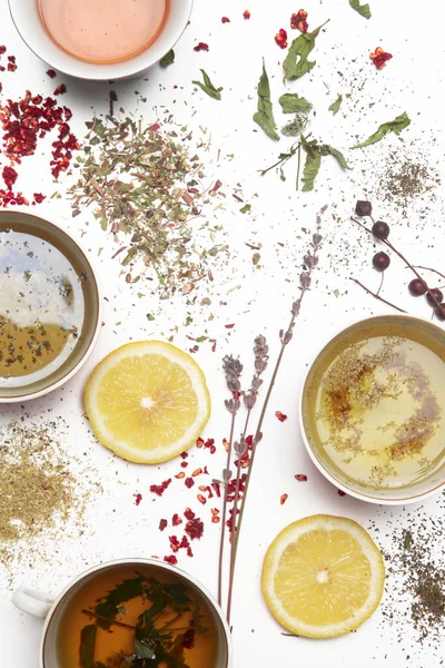 Herbal Tea Top View Dry Herbs Lemon Slices Tea Cups — Stock Photo, Image