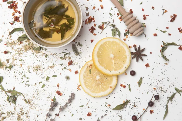 Herbal Tea Top View Dry Herbs Lemon Slices Tea Cups — Stock Photo, Image