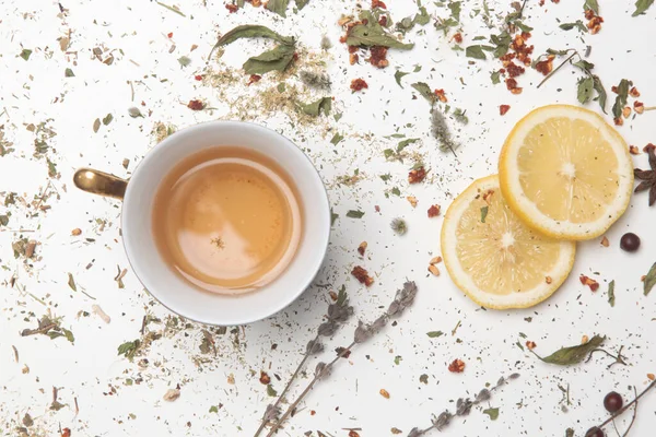 Herbal Tea Top View Dry Herbs Lemon Slices Tea Cups — Stock Photo, Image