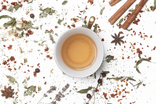 Herbal Tea Top View Dry Herbs Tea Cup White Herbs — Stock Photo, Image