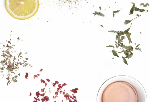 Herbal Tea Top View Copy Spce Dry Herbs Lemon Slices — Stock Photo, Image