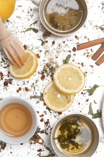 Herbal Tea Top View Dry Herbs Lemon Slices Tea Cups — Stock Photo, Image