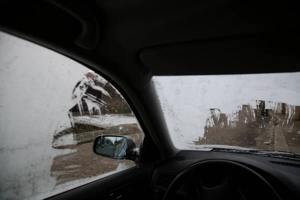 Zavřít Obrázek Auta Chladném Zamrzlém Zimním Ránu — Stock fotografie