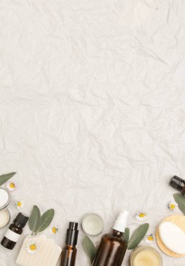 Doğal, organik, plastik cilt bakım ürünleri. Yüz serumları, temel malzemeler yağlar, kremler ve sabunluklar, kopya alanı olan üst görünüm.