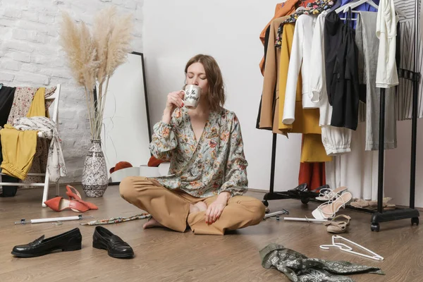 Stressed Young Woman Sitting Messy Room Full Clothes Nothing Wear — Stock Photo, Image