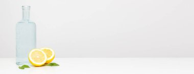 Yeniden kullanılabilir cam şişede limon dilimli musluk suyu. Sağlıklı detoks içeceği. Kopyalama alanı ile stüdyonun görüntüsü.