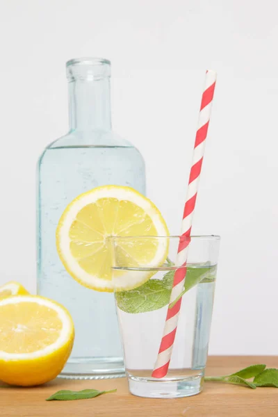 Zitronenwasser Mit Buntem Papierstroh Gesunder Detox Drink — Stockfoto