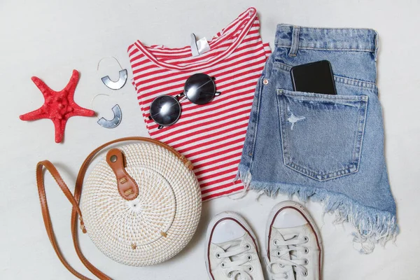 Simple Summer Outfit Denim Shorts Striped Cotton Shirt Accessories White — Stock Photo, Image