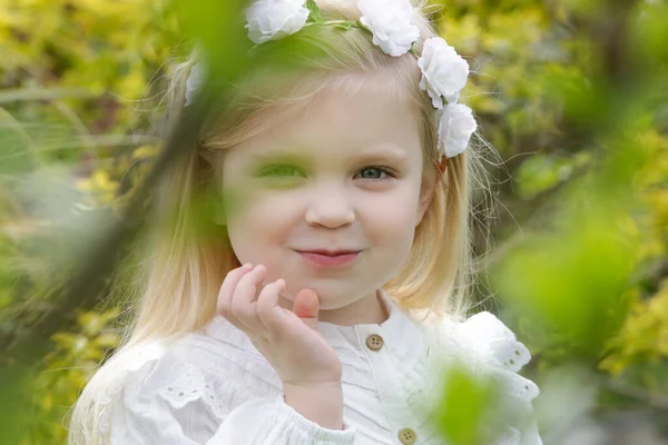 Portrait Fashionable Toddler Girl Long Blonde Hair Retro White Shirt — Stock Photo, Image