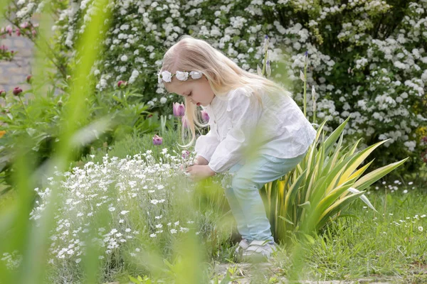 Porträtt Söta Småbarn Flicka Luktar Blommor Solig Sommardag Parken — Stockfoto