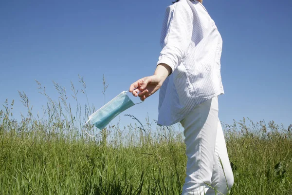 Coronavirus Finish End Quarantine Corona Virus Pandemic Woman Taking Throw — Stock Photo, Image