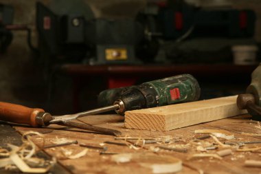 Workshop with tools on the wooden table