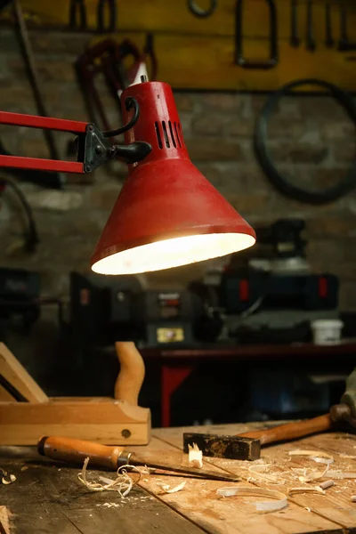 Workshop Tools Wooden Table Turned Lamp — 스톡 사진