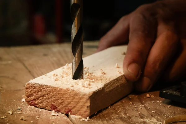 Carpenter Using Drill Machine Make Hole Wooden Plank Diy Woodworking — 스톡 사진