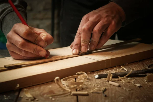 Carpenter Measuring Marking Wood Workshop — Stock Photo, Image