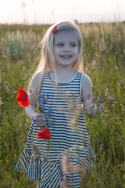 罂粟地里快乐蹒跚学步的小女孩的蜡像画 — 图库照片