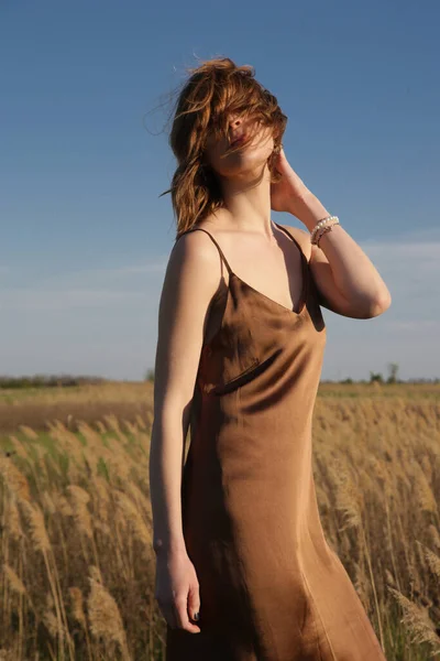 Portrait Beautiful Woman Silk Camisole Dress Windy Summer Day Outdoor — Stock Photo, Image
