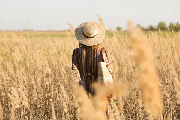 Bella Donna Abito Righe Cappello Paglia Piedi Sul Prato Moda — Foto Stock