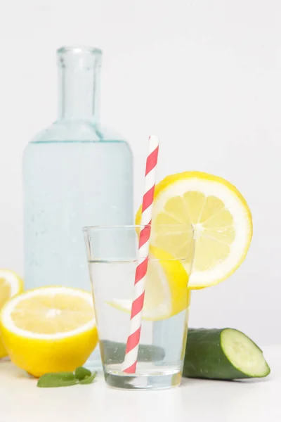 Zitronengurkenwasser Mit Buntem Papierstroh Gesunder Detox Drink — Stockfoto