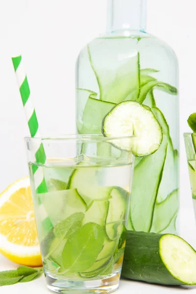 Lemon Cucumber Water Colorful Paper Straw Healthy Detox Drink — Stock Photo, Image