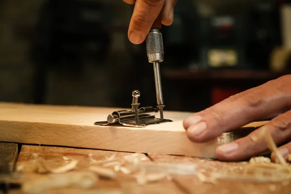 Carpenter Screwing Metal Chrome Hinges Wooden Plank Workshop — Stock Photo, Image