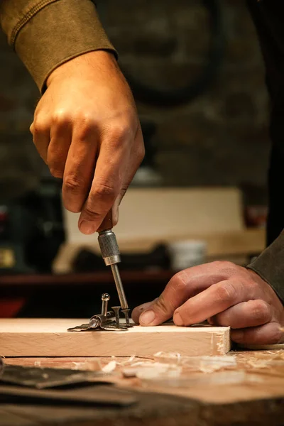 Carpenter Screwing Metal Chrome Hinges Wooden Plank Workshop — Stock Photo, Image