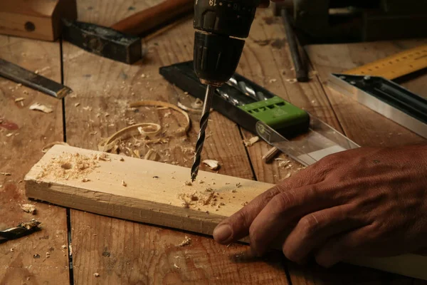 Carpenter Using Drill Machine Make Hole Wooden Plank Diy Woodworking — Φωτογραφία Αρχείου