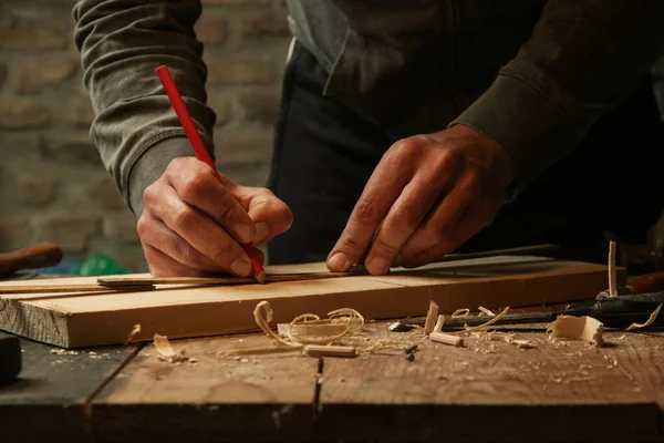 Carpenter Measuring Marking Wood Workshop — Stock Photo, Image