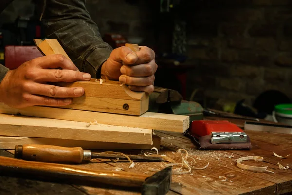 Carpenter Planing Wood Workshop Hand Planer — Stock Fotó