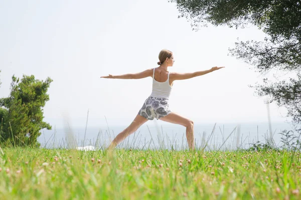 Jeune Femme Pratiquant Des Positions Yoga Étirement Plein Air Bien — Photo