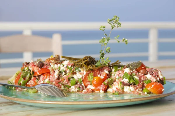 Tomato Feta Salad Bruschetta Served Big Ceramic Plate — Stock Photo, Image