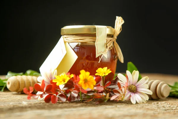 Jar Flower Honey Wooden Table — Stock Photo, Image