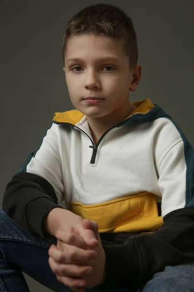 Studio Portait Handsome Schoolboy Grey Background — Stock Photo, Image