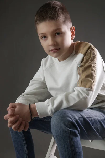 Studio Portait Handsome Schoolboy Grey Background — Stock Photo, Image