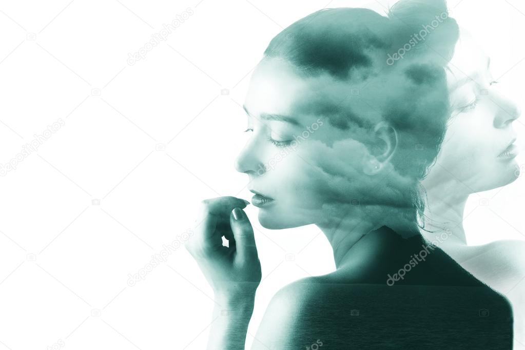 Double exposure of beautiful girl and nature landscape