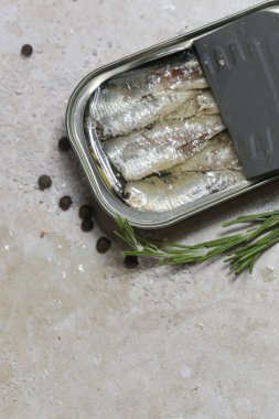 Açık sardalya tenekesinin genel manzarası, günlük protein alımının büyük kaynağı.