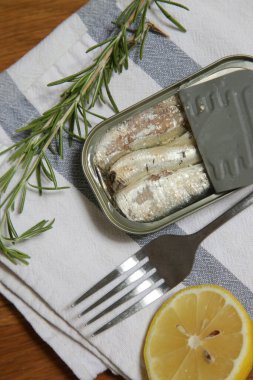 Açık sardalya tenekesinin genel manzarası, günlük protein alımının büyük kaynağı.