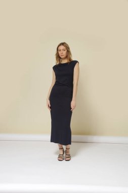 Stüdyo fotoğraflarının serisi. Klasik siyah elbiseli kadın model.