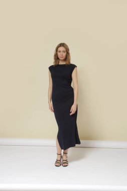 Stüdyo fotoğraflarının serisi. Klasik siyah elbiseli kadın model.