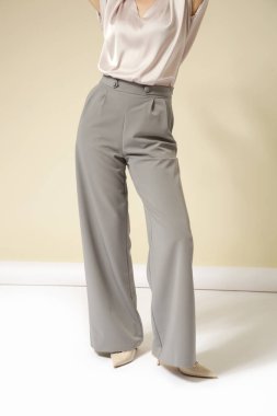 Açık gri, şık, gündelik, yüksek kaliteli pantolon ve V yaka beyaz bluz giyen kadın model. Zarif, basit bir iş görünüşü. Stüdyo çekimi.