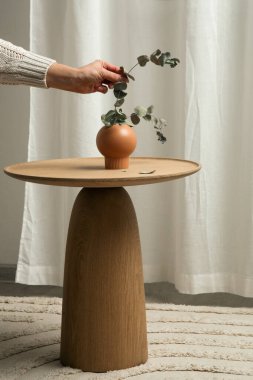 Oturma odasındaki el yapımı yuvarlak kahve masası İçi, Dekor ve Yaşam Tarzı Konsepti