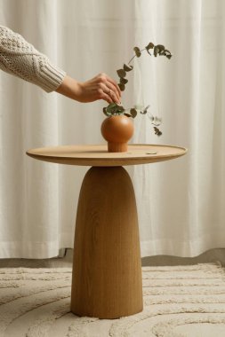 Oturma odasındaki el yapımı yuvarlak kahve masası İçi, Dekor ve Yaşam Tarzı Konsepti