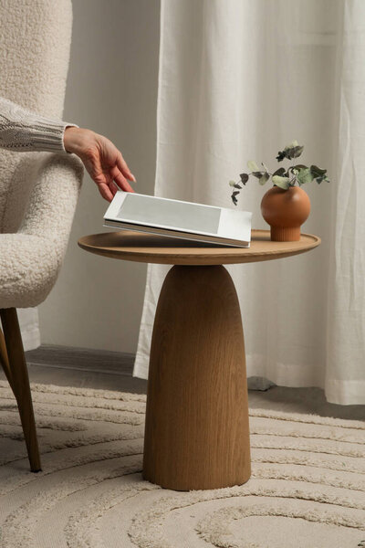 Handmade Round Coffee Table in Living Room  Luxury Interior, Decor and Lifestyle Concept